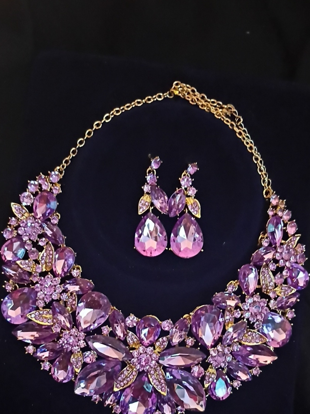 Luxury Purple Crystal Statement Necklace & Earrings Set - Gold Tone